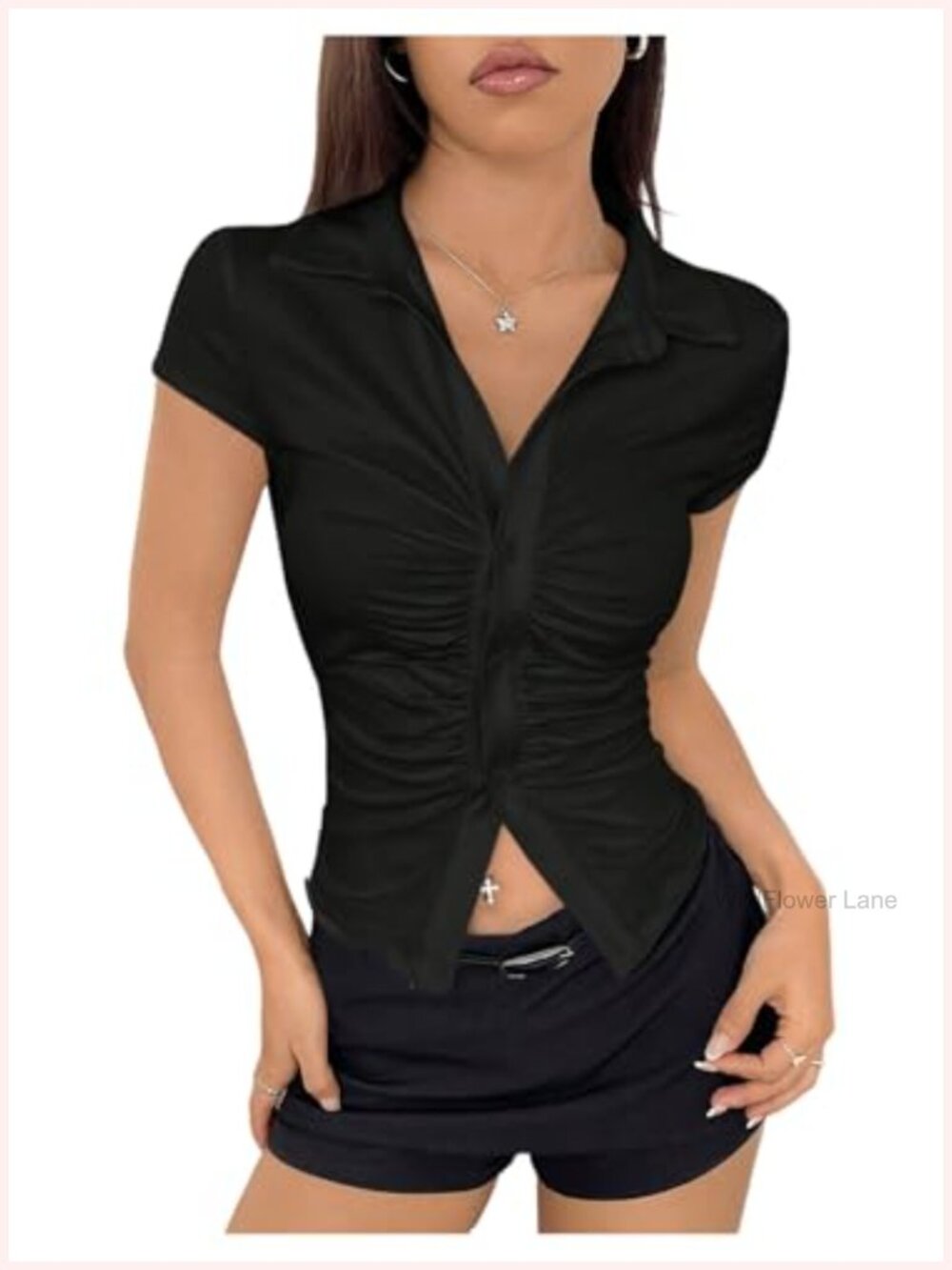 SweatyRocks Women's Short Sleeve Button Down Ruched T Shirt Fitted Crop Top
